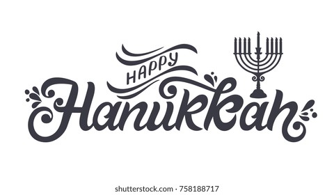 Happy Hanukkah typography vector design for greeting cards and poster design template celebration. Calligraphic handmade lettering. Hanukkah beautiful inscription. Vector illustration.