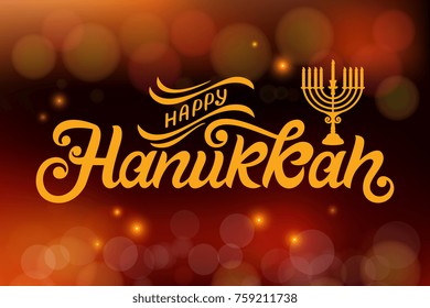 Happy Hanukkah typography vector design for greeting cards and poster design template celebration. Calligraphic handmade lettering on a blurred background. Vector illustration.