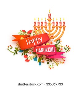 Happy hanukkah. Vector banner with ribbon and candles.