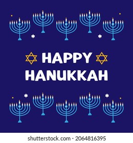 Happy Hanukkah vector cartoon style greeting card, illustration with david stars and menorah with lighting candles borders.