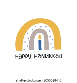 Happy Hanukkah vector celebration typography. Traditional Jewish holiday quote. Chanukah wishes isolated on white. Handwritten Hanuka festive rainbow, candle illustration.