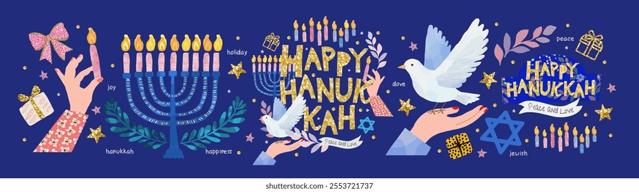 Happy Hanukkah. Vector cute illustration of jewish holiday, candlestick with candles, hand holding dove, star of david, logo for greeting card, banner, invitation or background