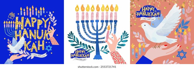 Happy Hanukkah. Vector cute illustration of jewish holiday, candlestick with candles, hand holding dove, star of david, logo for greeting card, poster, invitation or background