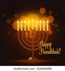 Happy Hanukkah vector greeting card with realistic menorah jewish lamp with flaming candles, sparks, bokeh effect. Judaism religion Festival of Lights golden candlestick. Hanukkah holiday candelabrum