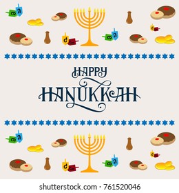 Happy Hanukkah vector hand draw lettering. Happy Hanukkah illustration with elements. Hanukkah typography design. Hanukkah Jewish Holiday postcard.