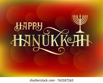 Happy Hanukkah vector hand draw lettering. Happy Hanukkah illustration with elements. Hanukkah typography design for greeting card. Hanukkah Jewish Holiday card on fine background.