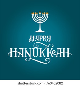 Happy Hanukkah vector hand draw lettering. Hanukkah illustration with elements and typography design for greeting card. Hanukkah Jewish Holiday card on fine background.