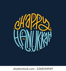 Happy Hanukkah vector hand drawn colorful lettering illustration. Typography design for celebrating traditional religious festival. Jewish holiday calligraphy design on dark background.