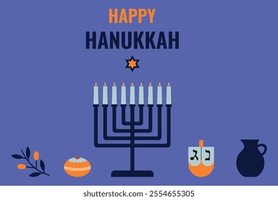 Happy Hanukkah. Vector horizontal card, congratulation, background, poster. Modern minimalist design. Illustration of menorah, candles, star of David, dreidel, olive branch and donut.