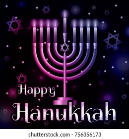 Happy Hanukkah. Vector illustration, candles on a dark background. Violet-pink shades and glow.