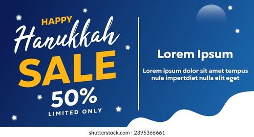 Happy Hanukkah. Vector illustration happy hanukkah sale 50% on blue background, suitable for banner, card, poster and more