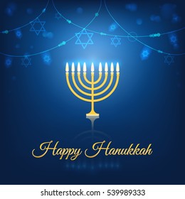 Happy Hanukkah Vector With Menorah. Blurred Jewish Stars, Lights And Flags On Blue Background.