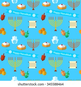 Happy Hanukkah vector seamless pattern, with dreidel game, coins, hand of Miriam, palm of David, star of David, menorah, traditional food, torah and other traditional items.