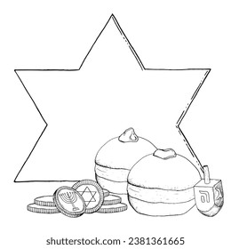 Happy Hanukkah vector template with donuts for Jewish holiday. Black and white vector illustration. Hand drawn sufganiyot doughnuts and sevivon