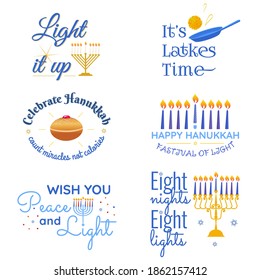 Happy Hanukkah vector Traditional Jewish holiday phrases typography quotes set. Chanukah humorist wishes isolated on white background. Menorah, donat, candles, star David illustration.