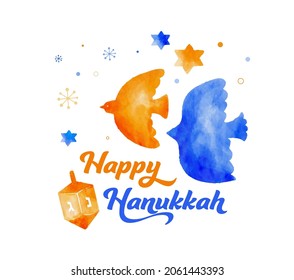 Happy Hanukkah, vector watercolor illustration, banner design. Traditional jewish holiday greeting card with birds and dreidels