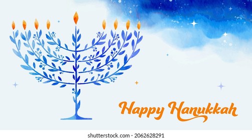 Happy Hanukkah, vector watercolor illustration, banner design. Traditional jewish holiday greeting card with menorah and dreidels