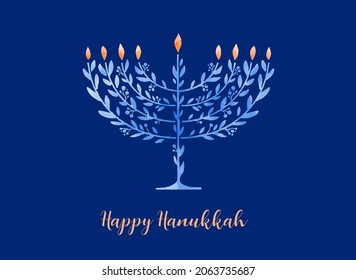 Happy Hanukkah, vector watercolor illustration, banner design. Traditional jewish holiday greeting card with menorah and dreidels