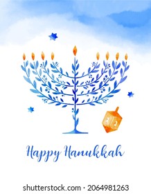 Happy Hanukkah, vector watercolor illustration, banner design. Traditional jewish holiday greeting card with menorah and dreidels