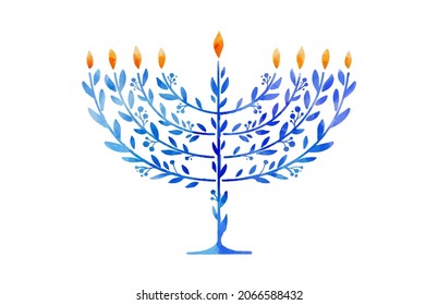 Happy Hanukkah, vector watercolor illustration, banner design. Traditional jewish holiday greeting card with menorah and dreidels