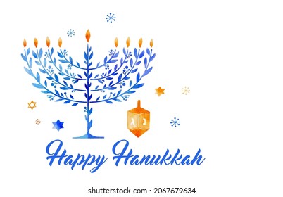 Happy Hanukkah, vector watercolor illustration, banner design. Traditional jewish holiday greeting card with menorah and dreidels