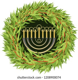 happy Hanukkah. vector wreath of leaves and candles