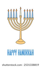 Happy Hanukkah vertikale Grußkarte, Poster, Banner doodle Design. Jüdisches Lichterfest. Traditionelle 9 Kerzen menorah als Hannukah Feiertagssymbol. Vektorgrafik.