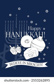 Happy Hanukkah vertical greeting card with lettering and traditional symbols on dark blue. Ready to print Jewish holiday vector flyer template in black and white with donuts, menorah and dreidels