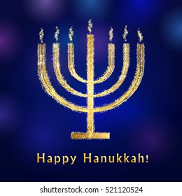 Happy Hanukkah vintage greeting card. Lighting golden menorah sign on the blue background. Israel seven fire candle vector icon. 