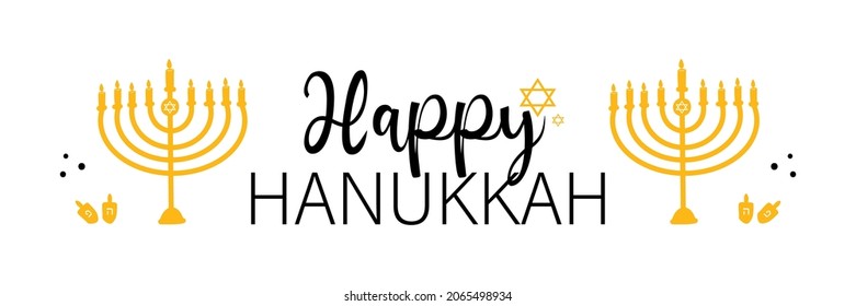 Happy Hanukkah wide horizontal greeting card, banner, vector illustration with menorah, david stars and dreidels.
