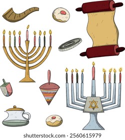 Happy Hanukkah! winter jewish holiday set of illustrations. Menorah, sevivon, megila	
