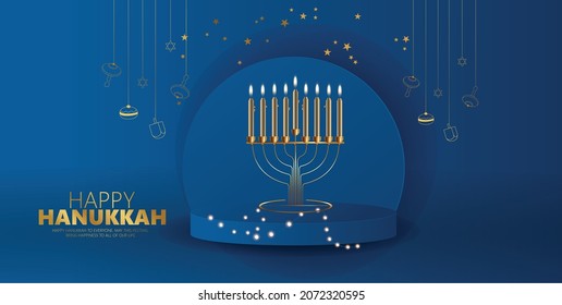 Happy Hanukkah Wish Card With Gold Menorah, Blue Greeting Card, Invitation Card