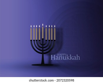 Happy Hanukkah Wish Card With Gold Menorah, Blue Greeting Card, Invitation Card