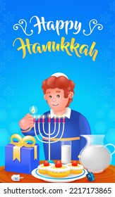 Happy Hanukkah, young man lighting candles. Suitable for events