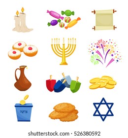 Happy Hanukkah.Jewish holiday traditional symbols .Hanukkah objects set Vector illustration