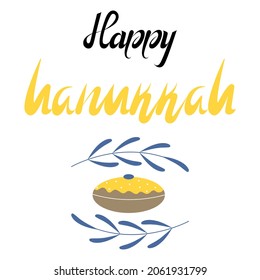 Happy Hanukkah.Jewish holiday.Lettering on a white background with a painted donut.Vector illustration.Eps10