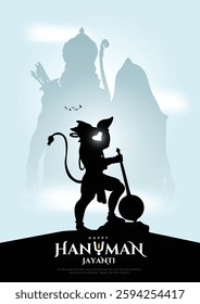 Happy Hanuman Jayanti festival of India with lord Hanuman and background of lord Ram and Sita. Vector Illustration banner design template.