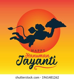 Happy Hanuman Jayanti greeting wallpaper poster vector, flying hanuman silhouette illustration banner 