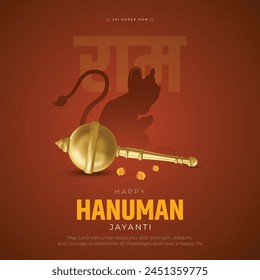 Happy Hanuman Jayanti Post and Greeting Card Design. Birthday of Lord Hanuman Celebration with Text and Gada Vector Illustration