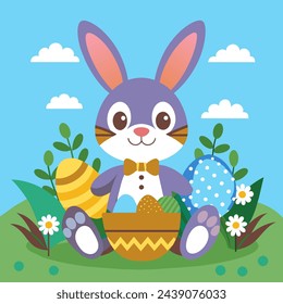 happy hare with eggs and basket