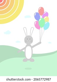 Happy hare is flying in balloons. Festive gray rabbit. Abstract sun. Cartoon style