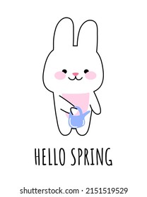 A happy hare with a garden watering can. The inscription hello spring. Vector kawaii illustration for prints, postcards, banners, templates.