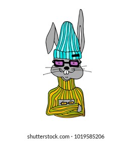 A happy hare. Hipster rabbit in purple glasses and a turquoise hat.