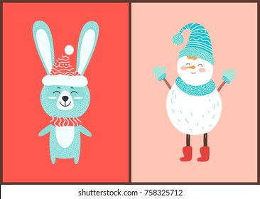 Happy hare and white snowman icons isolated on red background. Vector illustration with winter symbol and wild animal dressed in warm knitted clothes