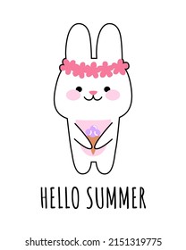 Una liebre feliz con flores come helado. El concepto de "hola verano". Ilustración vectorial kawaii para impresiones, postales, banners, plantillas.
