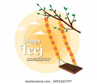 Feliz Hariyali Teej Festival teej jhula decorativo con flores de caléndula Novias indias disfrutan swing en el monzón