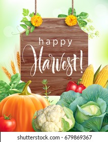 Happy Harvest background. Composition with vegetables and herbs. Vector illustration.