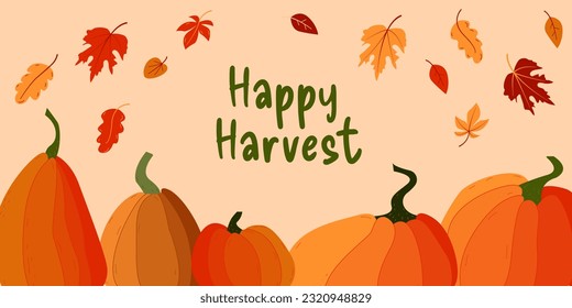 Happy harvest banner. Autumn illustration with pumpkins and leaves. Harvest festival flyer. Vector illustration