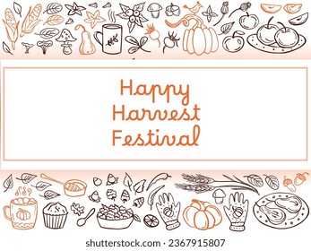 Banner Happy Harvest - calabaza, hojas, nueces, especias, tarta, bebida caliente, frambuesas, champiñones, manzanas, pera, zorro. Ilustración vectorial. Perfecto para el menú del otoño, libro de colores, tarjeta de saludo, impresión.