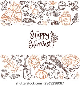Happy Harvest card - leaves, mushrooms, autumn clothes, hot drink, jam, apples. Vector illustration. Perfect for autumn menu, coloring book, greeting card, print.